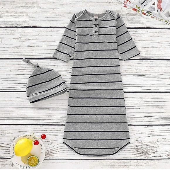 Grey & White Striped Knotted Baby Gown - Picture 4 of 4